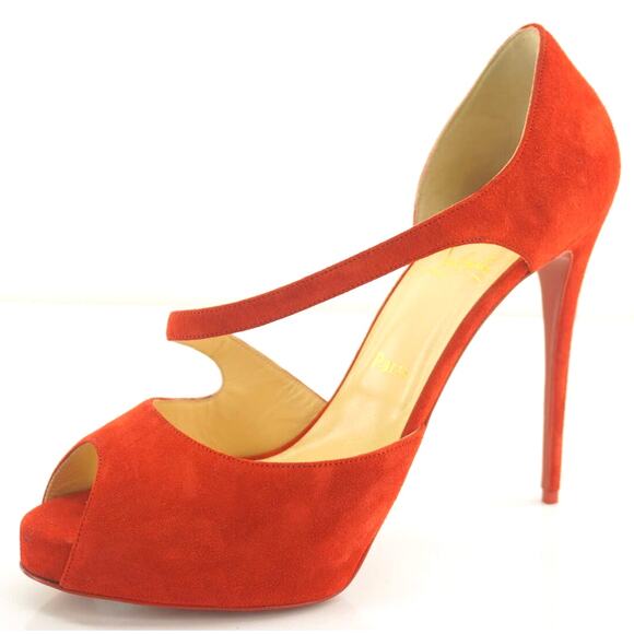 Christian Louboutin Catchy Two Platform Peep Toe Pumps SZ 41 11 Loubi Red Suede - Picture 1 of 9